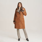 Women's Mid-Length Shearling-Lined Suede Coat with Patch Pockets