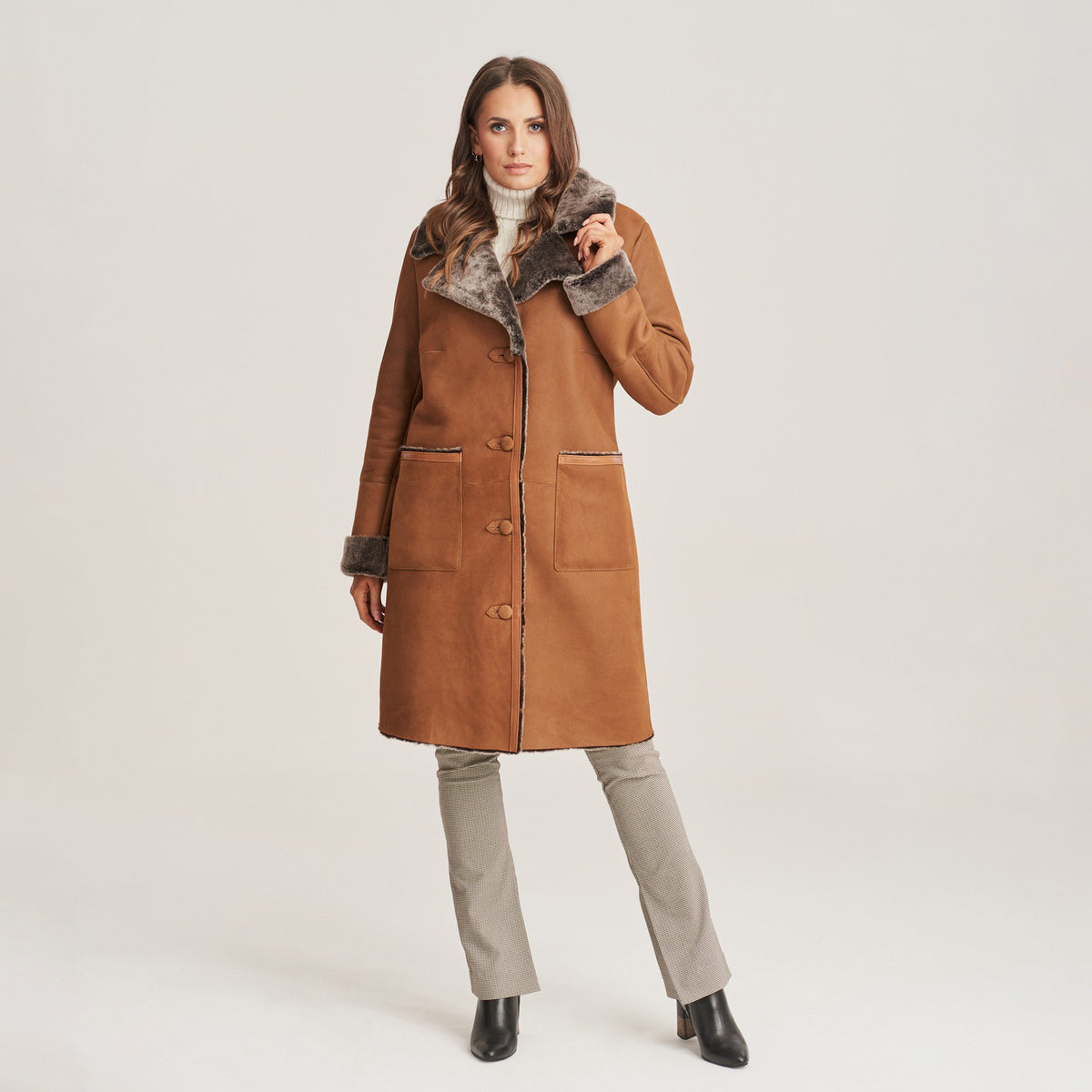 Women's Mid-Length Shearling-Lined Suede Coat with Patch Pockets
