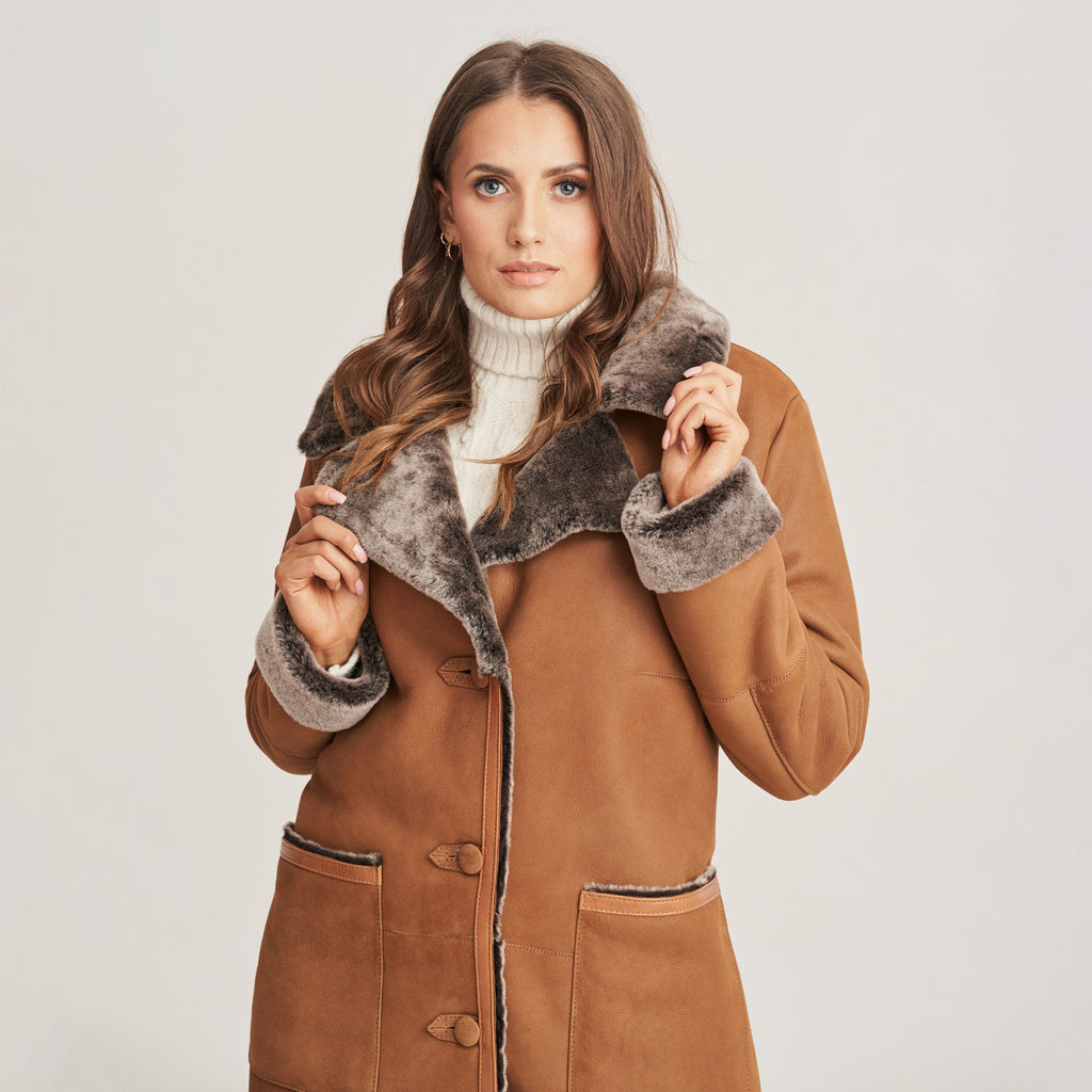 Women's Mid-Length Shearling-Lined Suede Coat with Patch Pockets