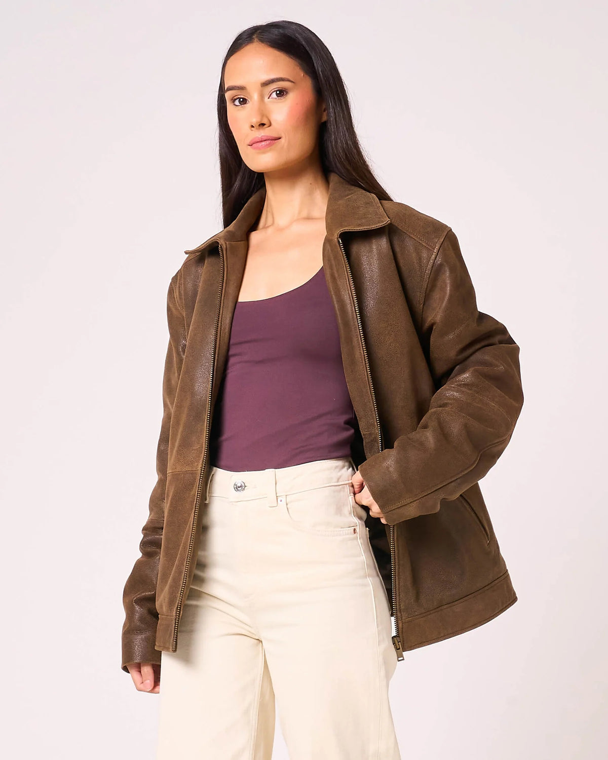 Women's Oversized Aged Leather Jacket