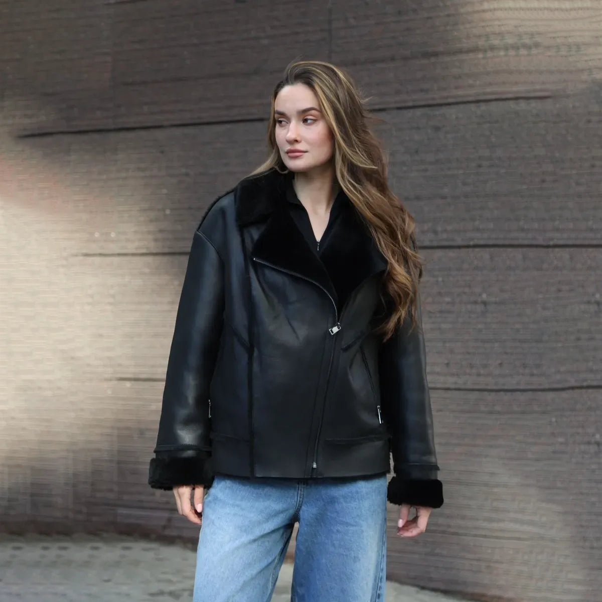 Women's Oversized Aviator Shearling Biker Jacket