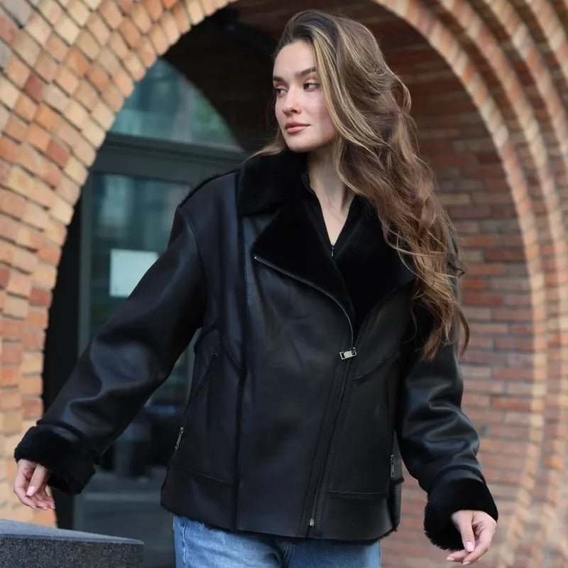 Women's Oversized Aviator Shearling Biker Jacket