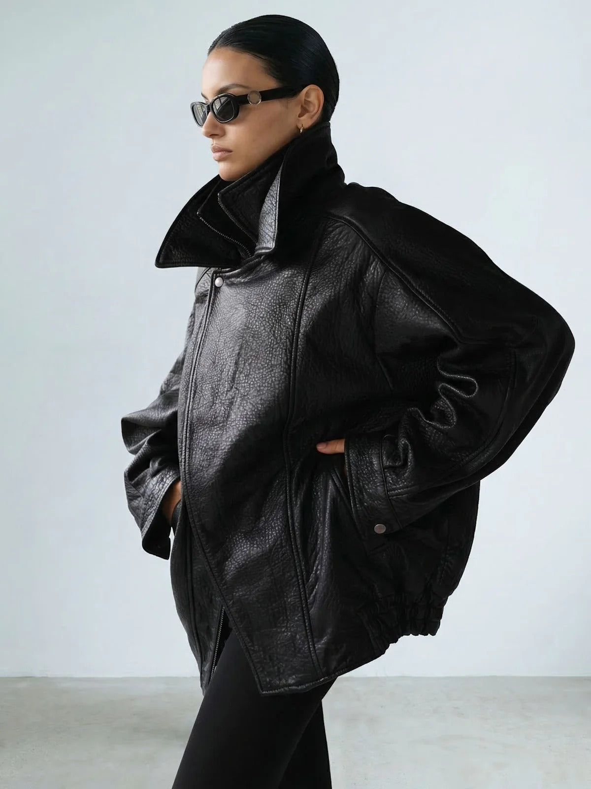 Women's Oversized Black Leather Bomber Jacket with Double Collar