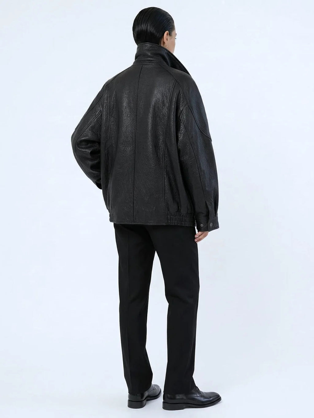 Women's Oversized Black Leather Bomber Jacket with Double Collar