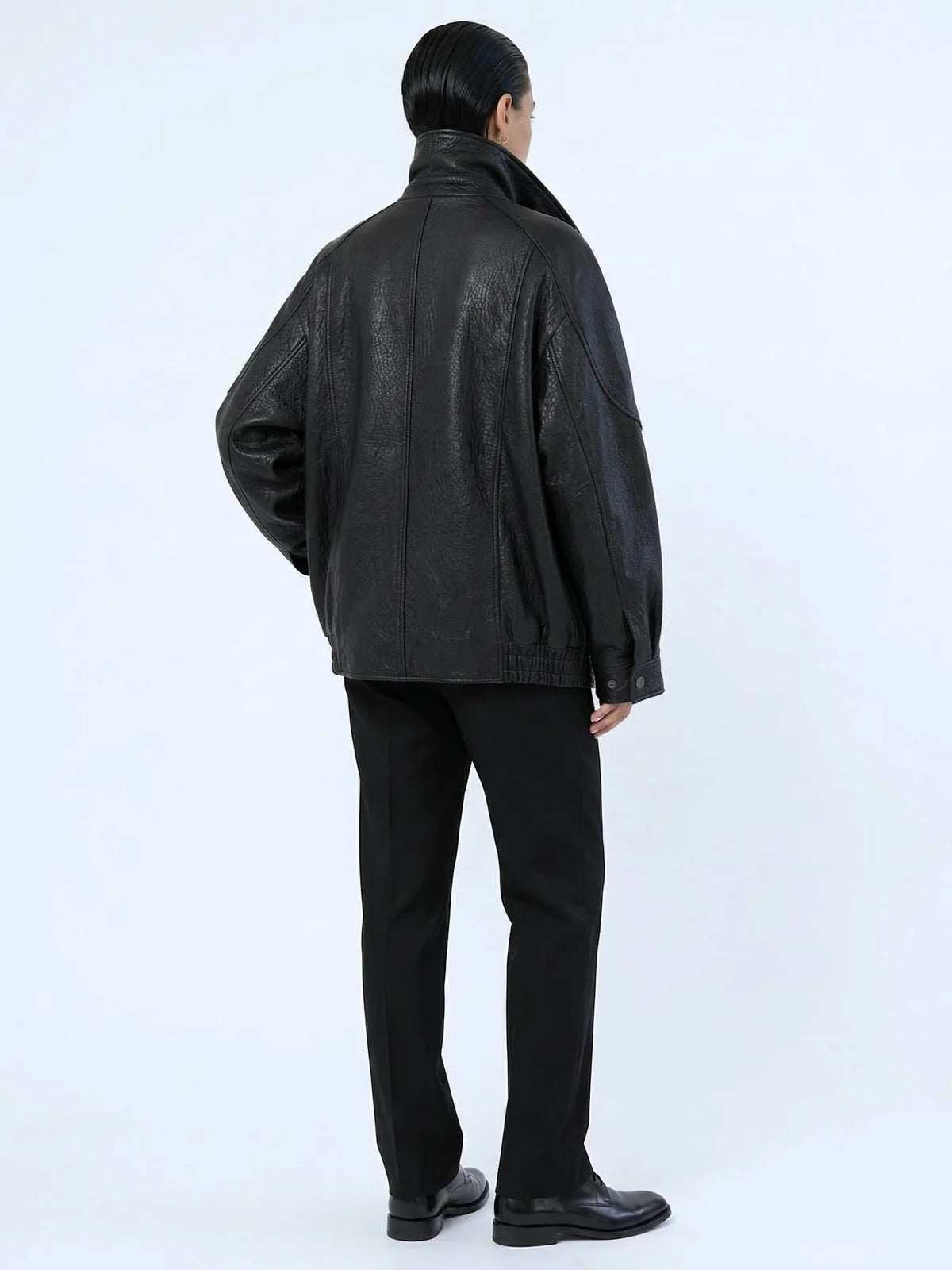Women's Oversized Black Leather Bomber Jacket with Double Collar