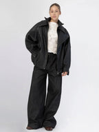 Women's Oversized Black Leather Bomber Jacket with Double Collar