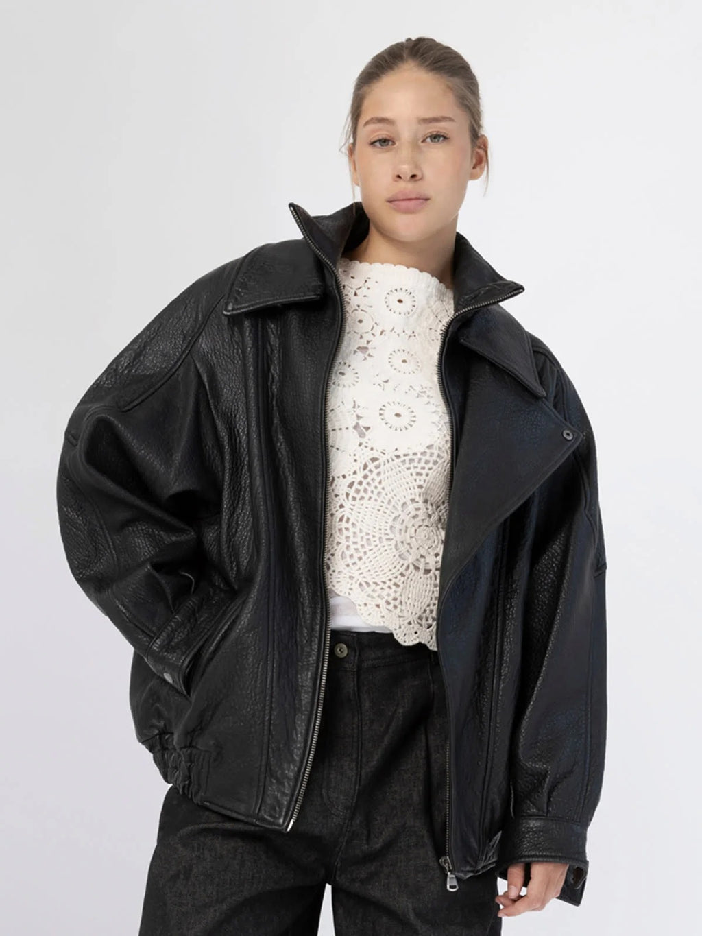 Women's Oversized Black Leather Bomber Jacket with Double Collar