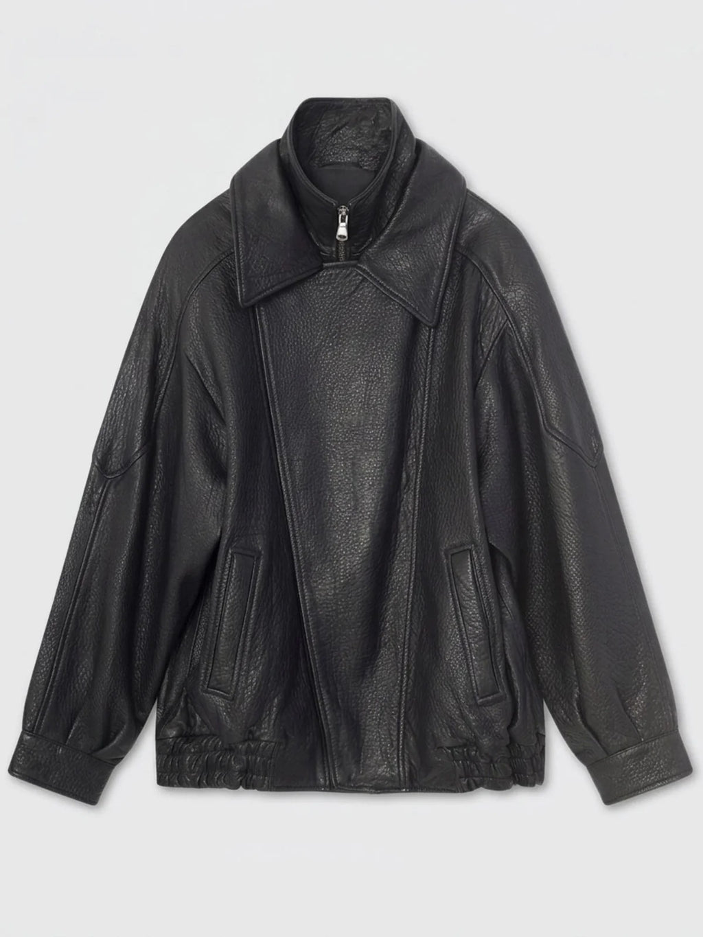 Women's Oversized Black Leather Bomber Jacket with Double Collar