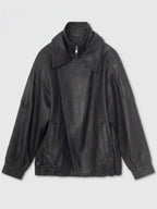 Women's Oversized Black Leather Bomber Jacket with Double Collar