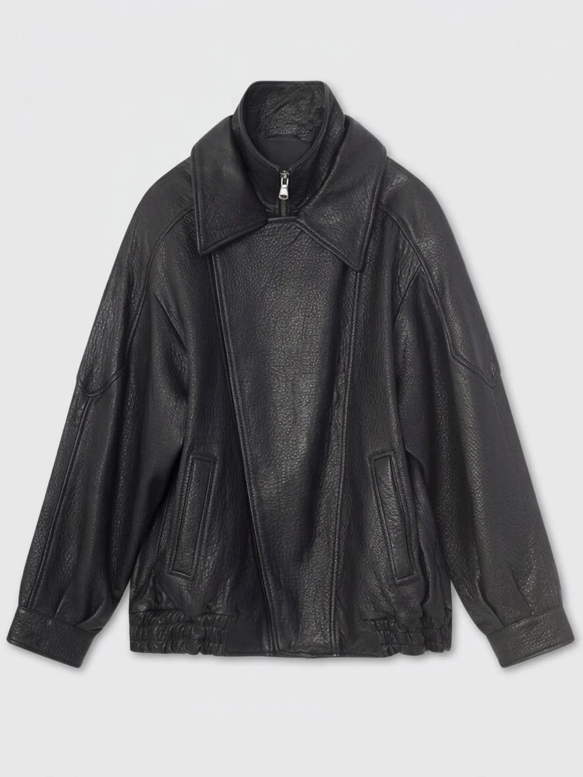 Women's Oversized Black Leather Bomber Jacket with Double Collar