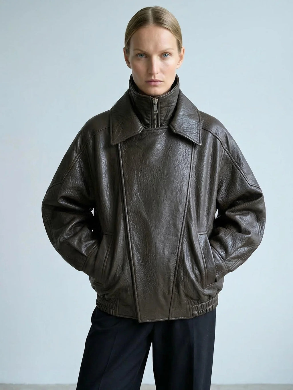 Women's Oversized Brown Leather Bomber Jacket with Double Collar