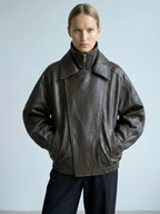 Women's Oversized Brown Leather Bomber Jacket with Double Collar