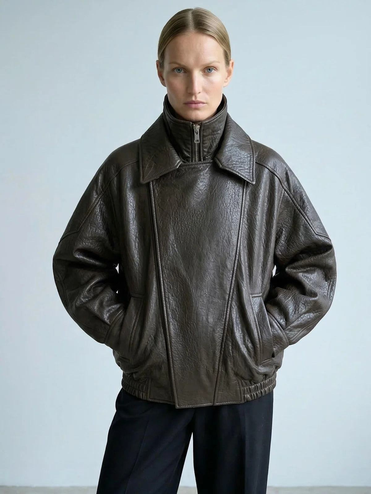 Women's Oversized Brown Leather Bomber Jacket with Double Collar