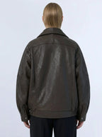 Women's Oversized Brown Leather Bomber Jacket with Double Collar
