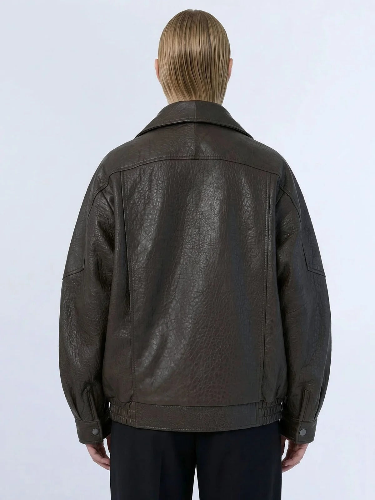 Women's Oversized Brown Leather Bomber Jacket with Double Collar