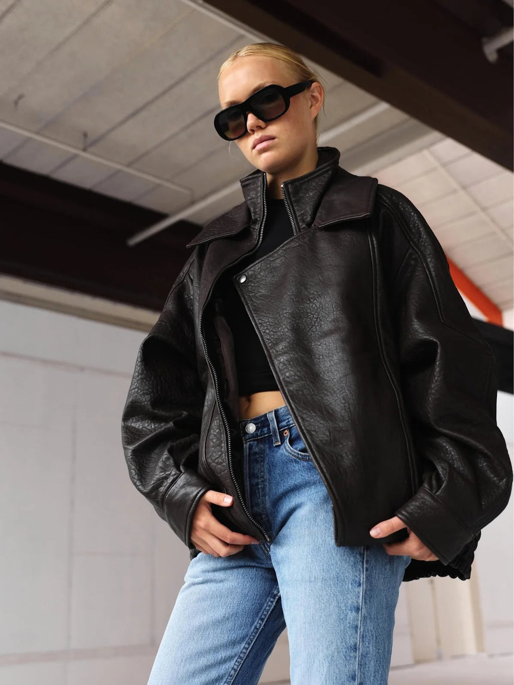 Women's Oversized Brown Leather Bomber Jacket with Double Collar