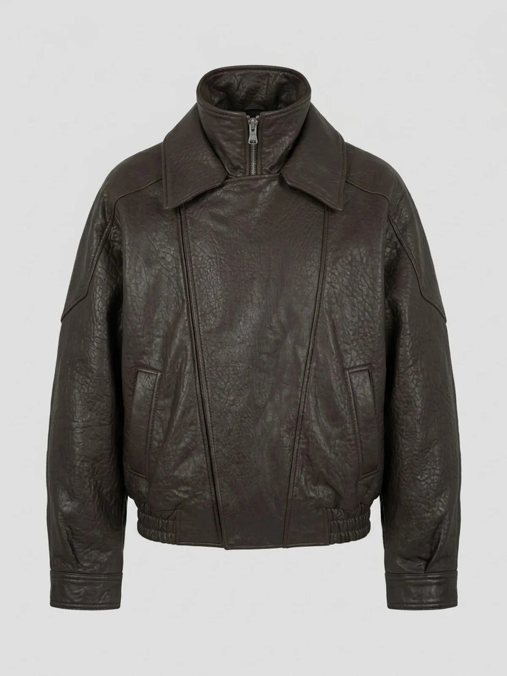 Women's Oversized Brown Leather Bomber Jacket with Double Collar