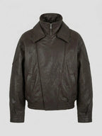 Women's Oversized Brown Leather Bomber Jacket with Double Collar