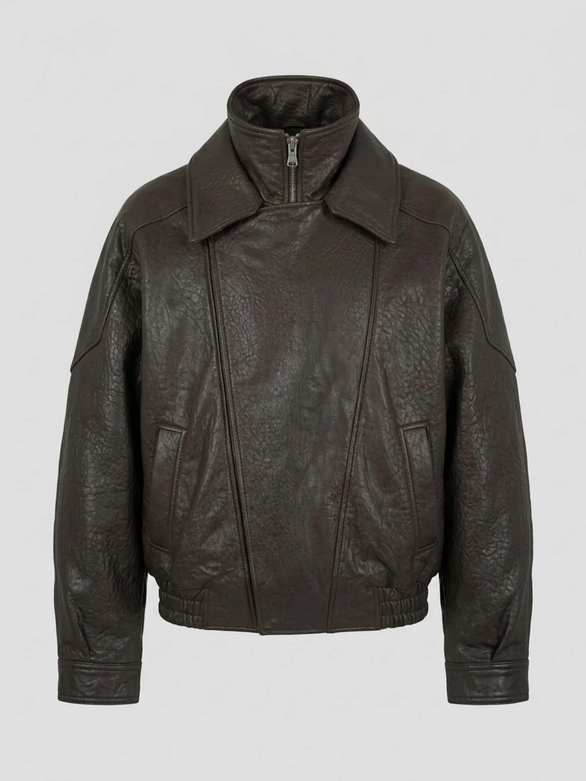 Women's Oversized Brown Leather Bomber Jacket with Double Collar