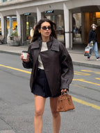Women's Oversized Brown Leather Bomber Jacket with Double Collar
