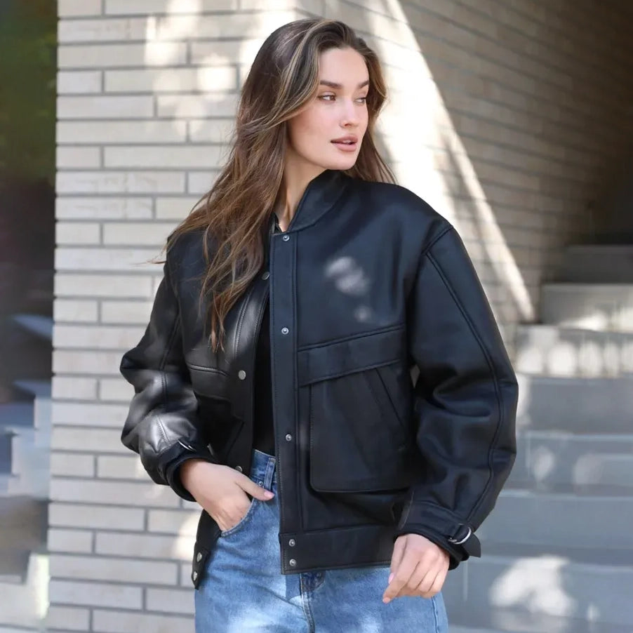 Women's Oversized Cargo Leather Bomber Jacket