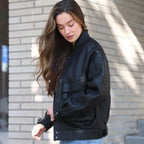 Women's Oversized Cargo Leather Bomber Jacket
