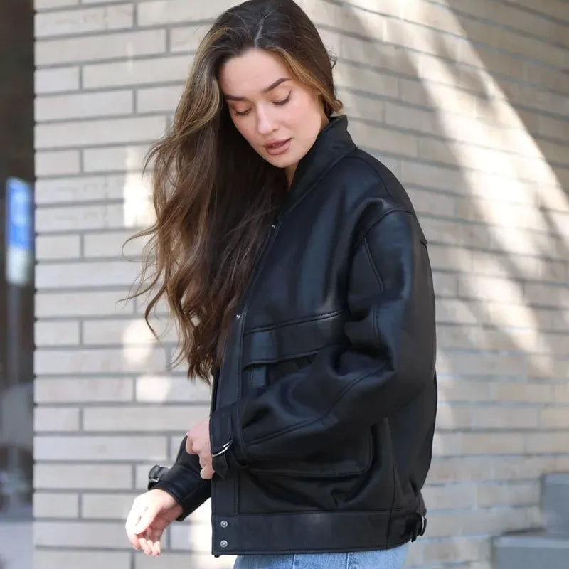 Women's Oversized Cargo Leather Bomber Jacket