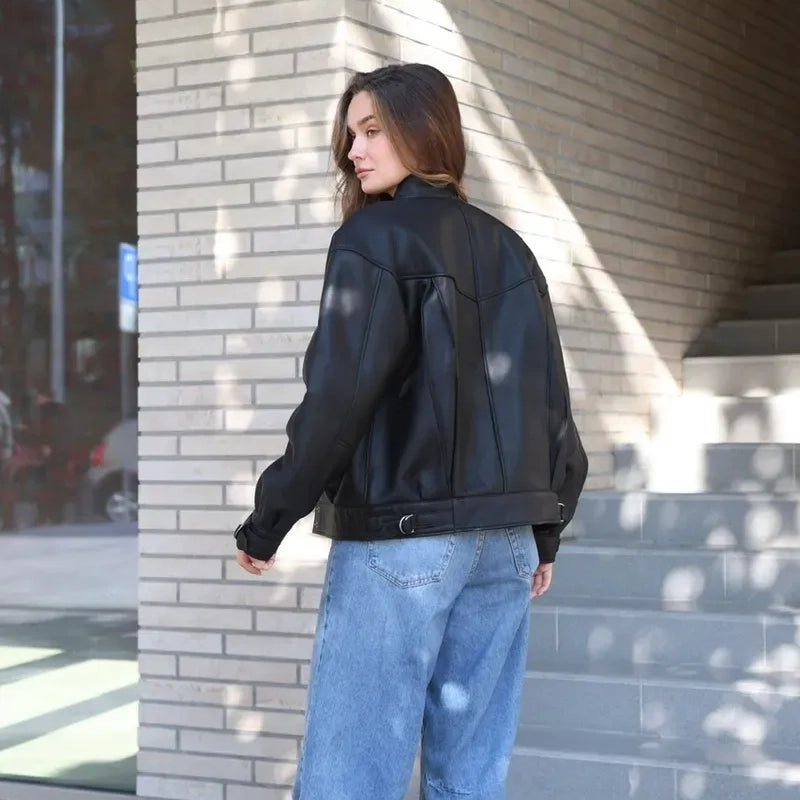 Women's Oversized Cargo Leather Bomber Jacket