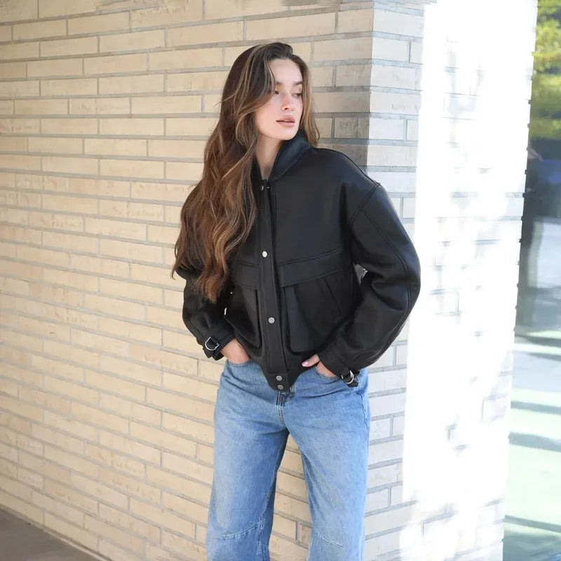 Women's Oversized Cargo Leather Bomber Jacket