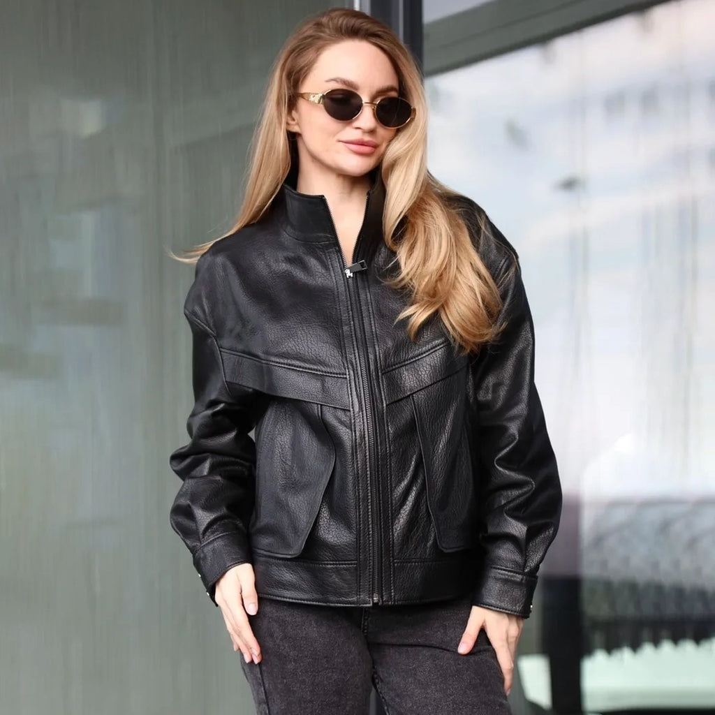 Women's Oversized Leather Bomber Jacket