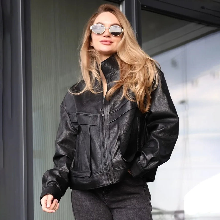 Women's Oversized Leather Bomber Jacket