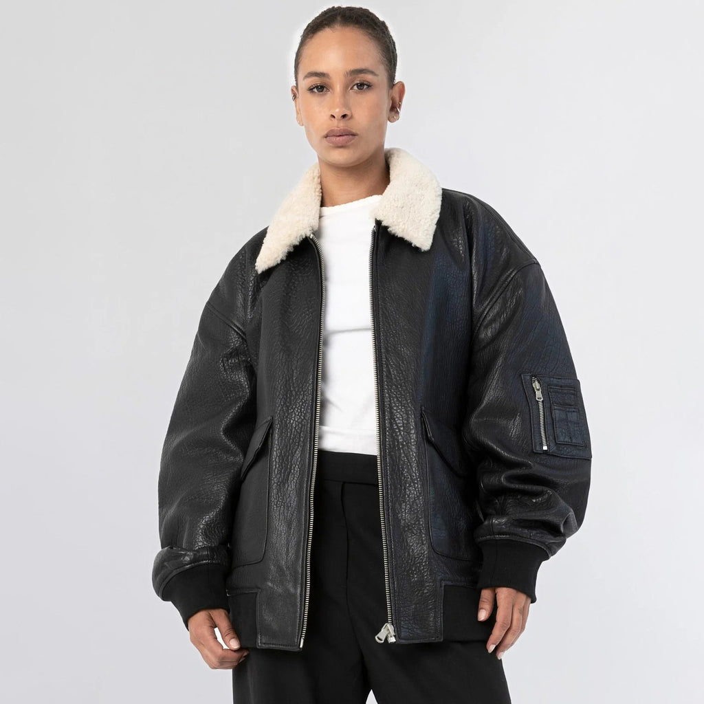 Women's Oversized Leather Bomber Jacket with Faux Shearling Collar