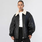 Women's Oversized Leather Bomber Jacket with Faux Shearling Collar