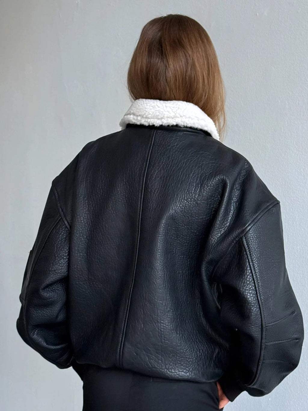 Women's Oversized Leather Bomber Jacket with Faux Shearling Collar