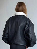 Women's Oversized Leather Bomber Jacket with Faux Shearling Collar