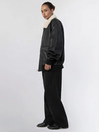 Women's Oversized Leather Bomber Jacket with Faux Shearling Collar