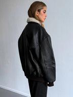 Women's Oversized Leather Bomber Jacket with Faux Shearling Collar