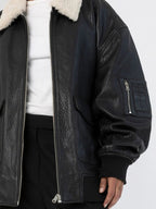 Women's Oversized Leather Bomber Jacket with Faux Shearling Collar
