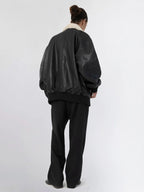 Women's Oversized Leather Bomber Jacket with Faux Shearling Collar