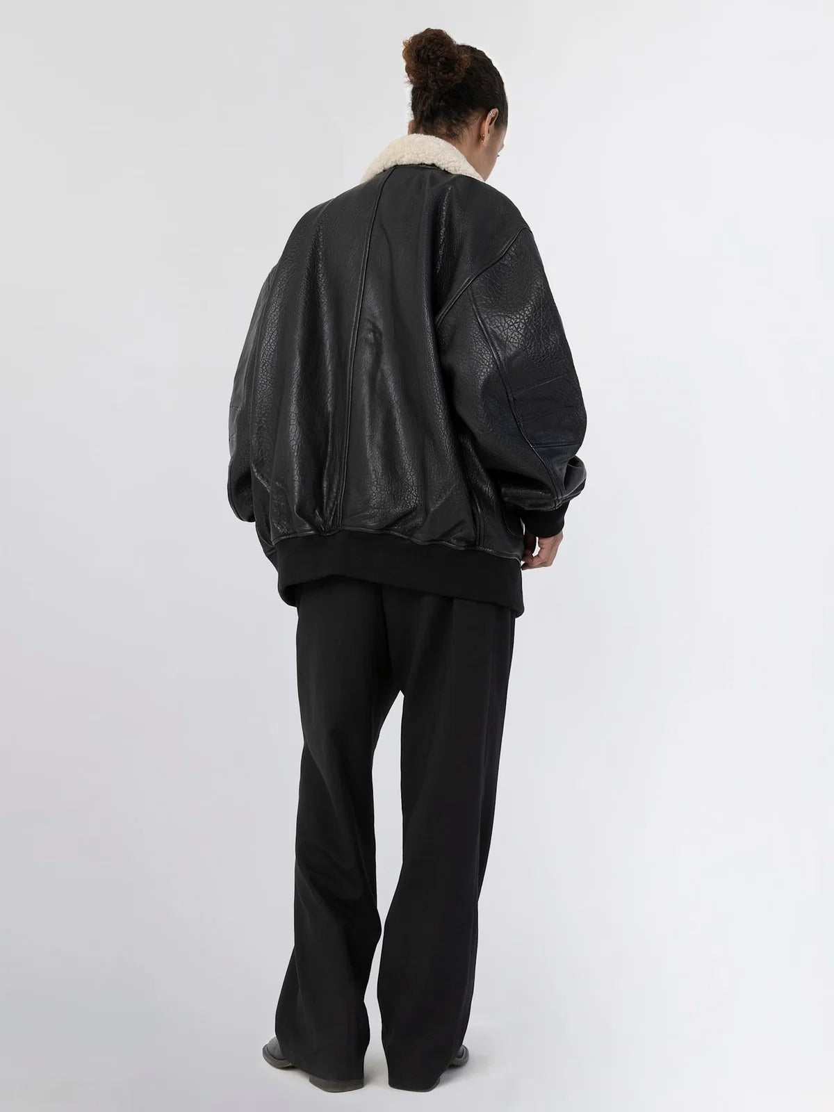 Women's Oversized Leather Bomber Jacket with Faux Shearling Collar