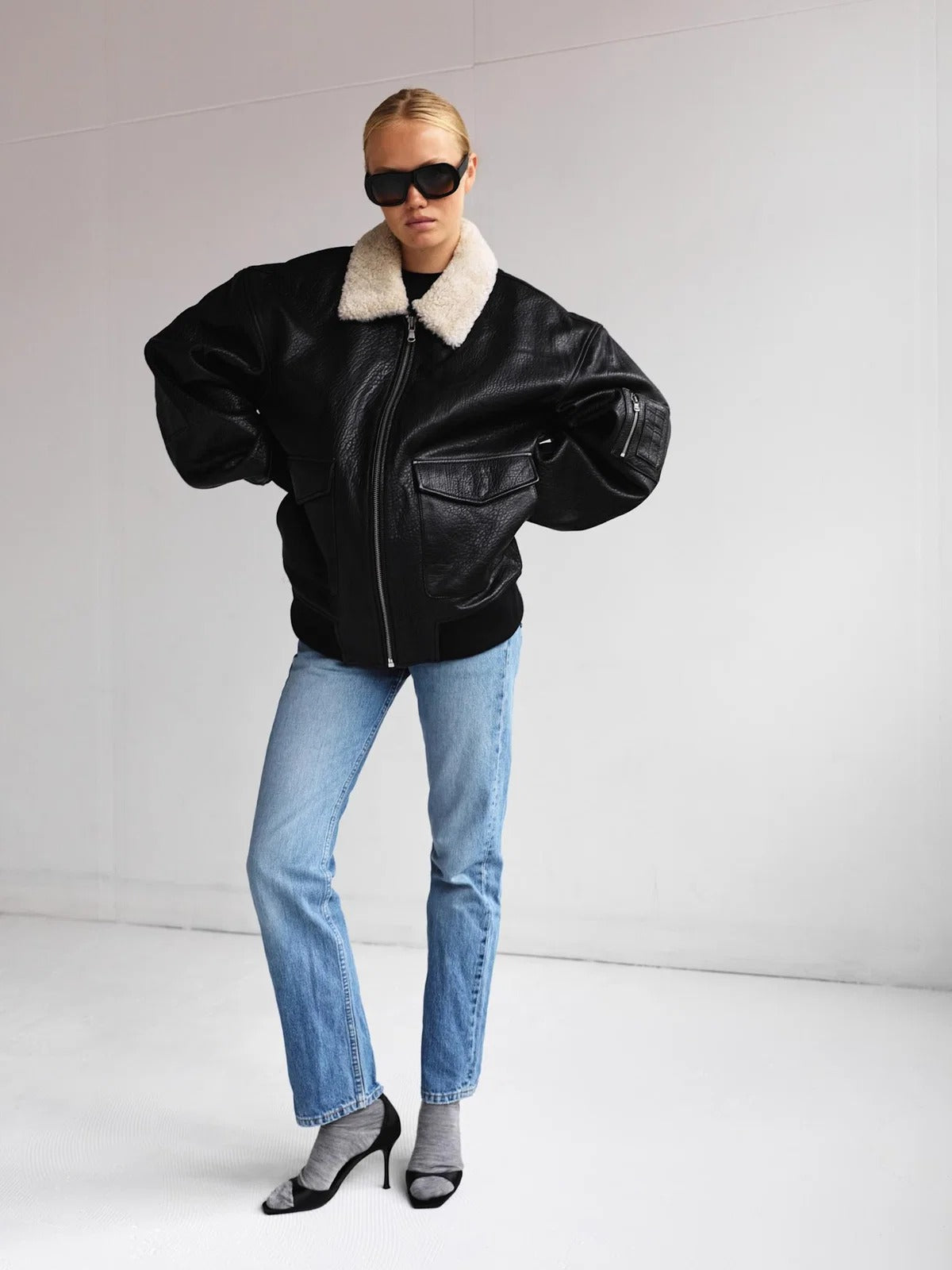 Women's Oversized Leather Bomber Jacket with Faux Shearling Collar