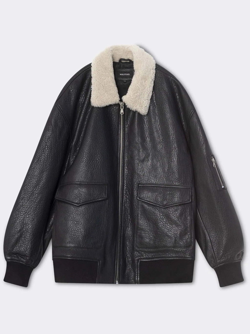 Women's Oversized Leather Bomber Jacket with Faux Shearling Collar