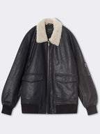 Women's Oversized Leather Bomber Jacket with Faux Shearling Collar