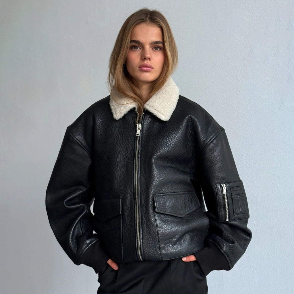 Women's Oversized Leather Bomber Jacket with Faux Shearling Collar