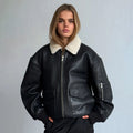 Women's Oversized Leather Bomber Jacket with Faux Shearling Collar