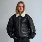 Women's Oversized Leather Bomber Jacket with Faux Shearling Collar