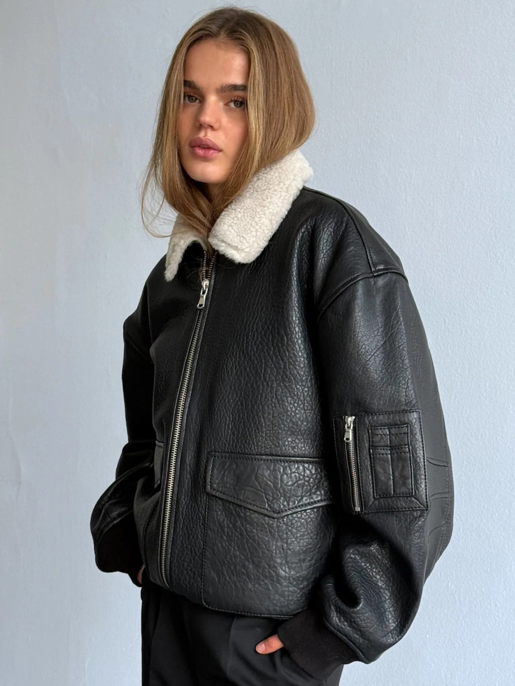 Women's Oversized Leather Bomber Jacket with Faux Shearling Collar