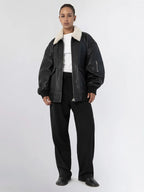 Women's Oversized Leather Bomber Jacket with Faux Shearling Collar