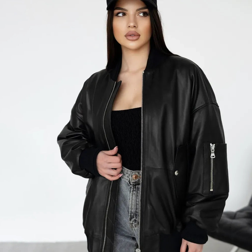 Women's Oversized MA-1 Leather Bomber Jacket