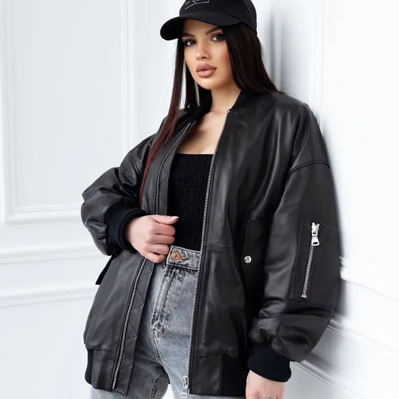 Women's Oversized MA-1 Leather Bomber Jacket